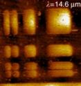 This atomic-force microscopy image shows the strontium ruthenate rectangles that were imaged with perovskite-based superlens using incident IR light of 14.6 micrometer wavelengths.