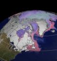 This image, taken by NASA's Terra satellite in March 2003, shows a much colder North America than Europe&#8209;&#8209;even at equal latitudes. White represents areas with more than 50 percent snow cover. NASA's Aqua satellite also measured water temperatures. Water between 0 and &#8209;15 degrees Celsius is in pink, while water between &#8209;15 and &#8209;28 degrees Celsius is in purple.