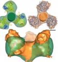 HIV envelope protein before (orange) and after (green) attaching to a human T cell. Top: The orange shape shows the three-armed HIV envelope protein, seen from above, before attaching to the CD4 protein. The green shape shows how it opens and twists after attaching to CD4 (dark blue ribbon on the green shape). The image at bottom shows a side view of the HIV protein before (orange) and after (green).