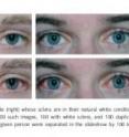 Eye images of a young adult female (left) and male (right). In the top images the sclera are white and in the bottom images the eyes have been digitally altered. In the study subjects rated 200 such images.