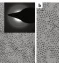 Transmission electron micrographs and (inset) showing the electron diffraction patterns of three quantum dot samples with average size of (a) 2.4 nanometers (b) 3.6 nm, and (c) 5.8 nm.