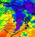 This infrared image from the AIRS instrument aboard NASA's Aqua satellite on Apr. 16 at 18:29 UTC (2:29 p.m. EDT) shows the cold high cloud tops of the strong thunderstorms (purple) that spawned tornadoes in North Carolina and Virginia on April 16. The purple areas indicate cloud top temperatures as cold as or colder than -63 F/-52C.