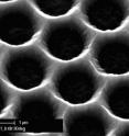 This SEM micrograph shows the nanostructured ZnO layer, Swiss cheese design for Micromorph solar cells.