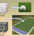 This image illustrates the enormous increase in surface area possessed by porous silicon sensors. If we assume a traditional sensor can capture molecules on an area equivalent to that of a golf ball, then a similarly sized porous silicon sensor has enough surface area to capture molecules on an area equivalent to that of a football field. The ability to capture more molecules increases the probability and sensitivity of detecting small molecules such as DNA or toxins.