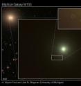 Individual young stars and star clusters in the 'dead' elliptical galaxy, Messier 105, detected using the Wide Field Camera 3 (WFC3) on the Hubble Space Telescope (HST). Messier 105 can be seen in the top, left corner, in an image from the Sloan Digital Sky Survey (SDSS; Data Release 8). The outlined region in the center of Messier 105 is expanded to reveal Hubble's unique view of the inner region of Messier 105, which is further expanded to unveil several individual young stars and star clusters (denoted by dashed circles; top, right). These signposts of recent star formation are unexpected in old, 'dead' galaxies. Data from HST's WFC3 and Advanced Camera for Surveys (ACS) were used in the creation of these HST images."