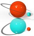 In an antihydrogen atom (top), a positively charged antielectron, or positron, orbits a negatively charged antiproton: the mirror image of an ordinary hydrogen atom (bottom).