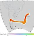 This image shows the huge plume of sulphur dioxide that spewed from Chile's Puyehue-Cordón Caulle Volcanic Complex, which lies in the Andes about 600 km south of Santiago. It was generated on June 6 using data from the Infrared Atmospheric Sounding Interferometer on the MetOp-A satellite and represents sulfur dioxide concentrations within the full vertical column of atmosphere. As the eruption continued, the image shows how strong winds initially swept the broad plume of sulfur dioxide northwards and then eastwards across Argentina and out over the southern Atlantic Ocean. 
The MetOp program was jointly established by ESA and Eumetsat and forms the space segment of Eumetsat's Polar System.