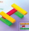 The 3-D plasmon ruler is constructed from five gold nanorods in which one nanorod (red) is placed perpendicular between two pairs of parallel nanorods (yellow and green).