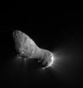 Jets can be seen streaming out of the nucleus, or main body, of comet Hartley 2 in this image from NASA's EPOXI mission. The nucleus is approximately 2 kilometers (1.2 miles) long and .4 kilometers (.25 miles) across at the narrow "neck."