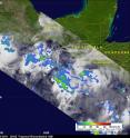 This TRMM satellite image of rainfall within the low pressure area called System 92E shows that most of the rainfall is moderate with some areas of heavy rainfall over the Eastern Pacific Ocean. The yellow and green areas indicate moderate rainfall between 0.78 to 1.57 inches per hour. Red areas are heavy rainfall at almost 2 inches per hour.