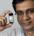 Amartya Chakrabarti holds up a sample of graphene produced via the dry-ice method.