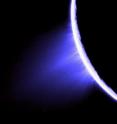 This image shows icy spray spewing from Saturn's moon, Enceladus.