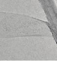 This TEM micrograph shows a boron nitride nanoribbon (left) that has unzipped off its parent boron nitride nanotube (right).