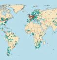 This map shows the location of partner institutes (red) and sample sites (cyan) of the TRY network.