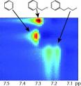 This 2-D plot shows separation of benzyl alcohol, benzene and butylbenzene using remote NMR/MRI with a monolithic chromatography column. Horizontal axis corresponds to the NMR chemical shift, vertical axis represents the transit time of compounds undergoing chromatographic separation.
