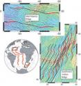 Images of the satellite derived gravity field over the Central Atlantic (top) and Southwest Indian Ridge (right) showing the zones of rough topography and sharp bends in the fracture zones that were caused by the slowing of Africa's motion as the Reunion plume head reached its maximum force. The inset globe shows the location of the gravity maps as well as the extent of the parallel zones of rough topography (outlined in red) on the flanks of the Mid-Atlantic and Southwest Indian ridges caused by the change in Africa's motion.