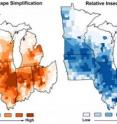 Simplified landscapes, with lots of cropland and little natural habitat, promote crop pests. These maps of the Midwest show landscape simplification on left and relative insecticide use on right.