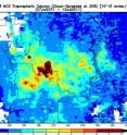 This image from the OMI instrument on NASA's Aura satellite shows nitrogen dioxide levels from July 7 through 12, 2011 in central Africa pertaining to agricultural fires. The highest levels of NO2 appear as a dark red butterfly over the southern Democratic Republic of the Congo. The NO2 is measured by the number of molecules in a cubic centimeter.