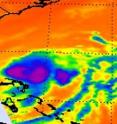 This infrared image of Tropical Storm Bret was captured from the AIRS instrument on NASA's Aqua satellite on July 18 at 17:53 UTC (1:53 p.m. EDT). The purple area in the center indicate strong thunderstorms with cloud top temperatures as cold as -63 Fahrenheit (-52 Celsius). The blue areas are warmer, less strong thunderstorms.