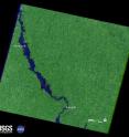 Flooding down the Missouri River continues along the Nebraska and Iowa border as shown in this Landsat 7 satellite image of July 17, 2011. Heavy rains and snowmelt have caused record flows. Green represents vegetation, dark blue is water.