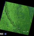 This image of the Missouri River along the Nebraska and Iowa borders was captured by Landsat 5 on May 5, 2011. Green represents vegetation, dark blue is water