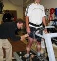 During research at the Veterans Affairs Medical Center in Baltimore, Alessandro Presacco, a graduate researcher in UMD's Neural Engineering and Smart Prosthetics Lab, gets hooked up to take data similar to that used  to reconstruct the complex 3-D movements of the ankle, knee and hip joints during treadmill walking.
