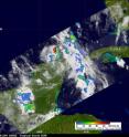 The TRMM satellite had a fairly good view of tropical Storm Don when it passed over on July 28, 2011 at 0609 UTC (1:09 a.m. CDT). A red tropical storm symbol shows the position, north of Mexico's Yucatan peninsula, where Don was located at that time. A TRMM rainfall analysis showed Don was dropping moderate to heavy rainfall (red) of up to 2 inches/50 mm per hour in the eastern side of the small storm. The yellow and green areas indicate moderate rainfall between .78 to 1.57 inches (20 to 40 mm) per hour.