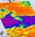 NASA's Aqua satellite passed over huge Tropical Storm Muifa on July 29, 2011 at 04:17 UTC (12:17 a.m. EDT. The infrared image revealed a large area of powerful, high thunderstorms with cold cloud tops (purple) east and west of the center where cloud temperatures were colder than -63 Fahrenheit (-52 Celsius). Muifa is about 1000 miles wide.