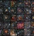 Using data from the VISTA infrared survey telescope at ESO’s Paranal Observatory, an international team of astronomers has discovered 96 new open clusters hidden by the dust in the Milky Way. Thirty of these clusters are shown in this mosaic. These tiny and faint objects were invisible to previous surveys, but they could not escape the sensitive infrared detectors of the world’s largest survey telescope, which can peer through the dust. This is the first time so many faint and small clusters have been found at once. The images are made using infrared light in the following bands: J (shown in blue), H (shown in green), and Ks (shown in red).