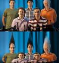 Top, clockwise from left: Patrice Genevet, Nanfang Yu, Federico Capasso, Zeno Gaburro, and Mikhail A. Kats.

Bottom: A simulation of the image that would appear in a large mirror patterned with the team's new phase mirror technology.
