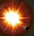New research shows that some old stars known as white dwarfs might be held up by their rapid spins, and when they slow down, they explode as Type Ia supernovae. Thousands of these "time bombs" could be scattered throughout our Galaxy. In this artist's conception, a supernova explosion is about to obliterate an orbiting Saturn-like planet.
