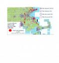 This is a map of <i>Cyzenis albicans</i> release sites in Massachusetts 2005-2011. In 2011 they released at nine new sites, more than doubling the number of release site from prior years