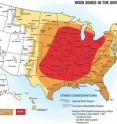 This wind zone map shows how the frequency and strength of extreme windstorms vary across the United States. Wind speeds in Zone IV (red), where the risk of extreme windstorms is greatest, can be as high as 250 miles per hour.