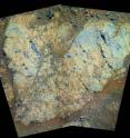 This is a Pancam false color mosaic of the rock target Chester Lake, acquired on sol 2709 (the 2,709th day of Opportunity’s mission). This rock, located on Cape York, on the edge of the Endeavour crater, is a breccia in which various rock fragments have been cemented together in a finer-grained matrix, probably during formation of the Endeavour crater billions of years ago. Opportunity is about to make in-situ measurements of this rock which will determine whether it contains clay minerals formed in the presence of water.