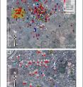 These are Google Earth maps of the study site showing locations of the residences of confirmed S. Typhi infections, S. Typhi genotype and the 42 functional water spouts including the three water-sampling sites (labelled 1, 2 and 3). 

(A) All 431 culture confirmed S. Typhi infections from the 4-year study period. 
(B) Culture confirmed S. Typhi infections occurring in a concentrated one km2 cluster to the
west of the hospital (shaded in A).