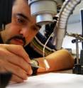 Mesut Sahin, a bioengineer at NJIT, works on developing and testing an embedded micro-electrical stimulator for people with spinal cord injuries.