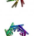 Representations of the pore section of the MscS channel in <I>E. coli</I> in its nonconducting (top) and open (bottom) configurations are based on X-ray crystallization studies of the protein's structure. The transition between closed and open states is often described as similar to the narrowing and expanding of the pupil of the eye. The "closed" state can still appear to have an opening because amino acids around the opening act as a "hydrophobic plug" that prevents ions from moving through it.