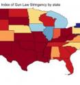 Traffickers tend to move illegal guns from states with weaker gun laws (red-hued) into states with stricter gun laws (blue-shaded).