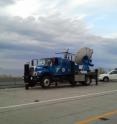 The tornado-chasing Doppler on Wheels radar truck is set up at Lake Point on Interstate-80 west of Salt Lake City to measure an approaching cold front. With National Science Foundation funding, University of Utah meteorologists are using the advanced radar technology to study winter storms.