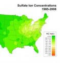 The mean concentration of sulfuric acid ions in rainwater in 2008, as measured by the National Atmospheric Deposition Program's network of collection sites across the United States.