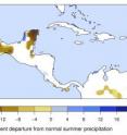 New climate modeling shows that widespread deforestation in pre-Columbian Central America corresponded with decreased levels of precipitation. This image shows how much precipitation declined from normal across the region between 800 C.E. and 950 C.E. It was during this period of time that the Mayan civilization reached its peak population and abruptly collapsed.