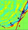 A 3-D ocean model created by Y. Tony Song of NASA's Jet Propulsion Laboratory and colleagues replicates the March 11, 2011 tsunami. The red line shows the path of the Jason-1 satellite, which crossed the wave front at the site of a double-high wave.