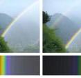From left: Rainbow based on the prevailing theory to simulate rainbows, primary rainbow with supernumerary bow, primary bow and double rainbow, primary bow with supernumerary bows and twinned rainbow, where the primary bow splits in two.
