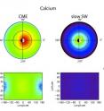 These are images from computer simulations of the lunar calcium exosphere during a CME (left) and the slow solar wind (right). Red and yellow indicate a relatively high abundance of calcium atoms while blue, purple, and black indicate a low abundance. The CME produces a much denser exosphere than the slow solar wind.