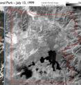 Yellowstone National Park is outlined by red in each of the Landsat scenes. On the left is a true color image with vegetation shown in green. On the right, is the thermal image with higher heat emitted shown in white.