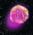 Gamma-rays detected by Fermi's LAT show that the remnant of Tycho's supernova shines in the highest-energy form of light. This portrait of the shattered star includes gamma rays (magenta), X-rays (yellow, green, and blue), infrared (red) and optical data.