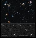 These three images taken by NASA's Hubble Space Telescope reveal the emergence of an exploding star, called a supernova. Nicknamed SN Primo, the exploding star belongs to a special class called Type Ia supernovae, which are distance markers used for studying dark energy and the expansion rate of the universe. The top image shows part of the Hubble Ultra Deep Field, the region where astronomers were looking for a supernova blast. The white box shows where the supernova is later seen. The bottom left image is a close-up of the field without the supernova. A new bright object, identified as the supernova, appears in the image at bottom right.