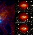 A new study provides a possible explanation of mysterious X-ray flares detected by Chandra over the period of several years. It suggests that there is a cloud around Sgr A* containing trillions of asteroids and comets, stripped from their parent stars. The flares occur when asteroids of six miles or larger in radius are consumed by the black hole. The panel on the left shows a very long Chandra observation of the region around the Sgr A*, while the three panels on the right are artist's impressions of the path that a doomed asteroid would take on its way to the black hole.