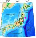 This is a map of Japan’s islands indicating the area of study (black box). The purple star marks the epicentre of the March 11 earthquake and the red star the Iwaki epicentre. Fukushima Daiichi is highlighted by a red square. Black triangles indicate active volcanoes. Numbers on the side of the image represent latitude and longitude.