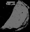 This is an image of an artificial moon rock sample, measuring about half a millimeter across, made with an electron microprobe at ambient temperature after the experiment with X-rays. The fragmentation of the sample occurred when it was extracted from the small diamond cylinder in which it had been melted under high pressure and temperature.